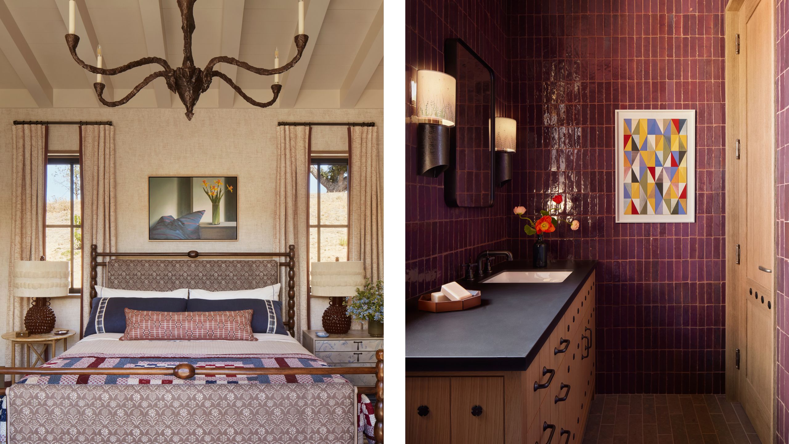two side by side images of a layered guest suite with deep berry red tones and a burgundy tiled bathroom