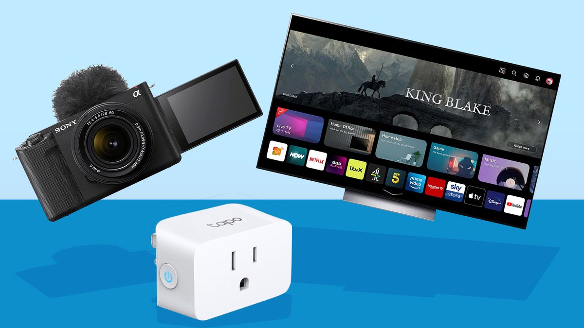 An LG C3 OLED TV, Sony ZV-E1 camera and TP-Link Tapo P125M Mini on a blue background