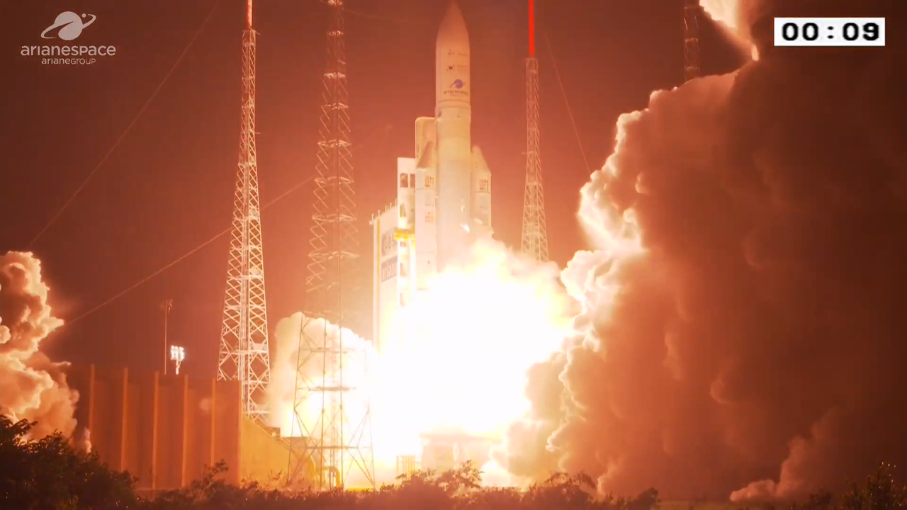 An Ariane 5 rocket lifts off from the Guiana Space Center near Kourou, French Guiana, on Feb. 18, 2020.