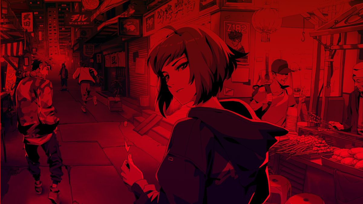 Azuki anime world&#039;s Alley drenched in red as an anime girls flips a red bean.