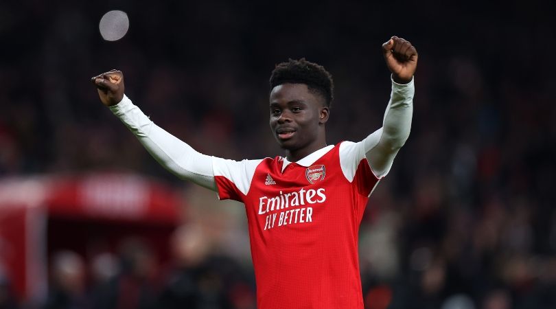 Bukayo Saka celebrates after Arsenal&#039;s 3-2 win over Manchester United in the Premier League in January 2023.