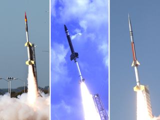 NASA's ATREX mission will launch five rockets within five minutes to help scientists study the high-altitude jet stream located 60 to 65 miles above the surface of the Earth. The rockets being used for the mission are two Terrier-Improved Orions (left), one Terrier-Oriole (center) and two Terrier-Improved Malemutes (right).