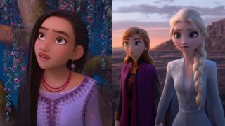 Side by side images of Asha from Wish and Elsa and Anna from Frozen 2