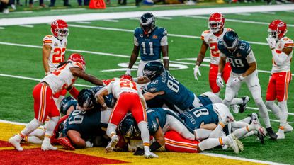 The Philadelphia Eagles use the tush push against the Kansas City Chiefs during Super Bowl LIX on Feb. 9, 2025.