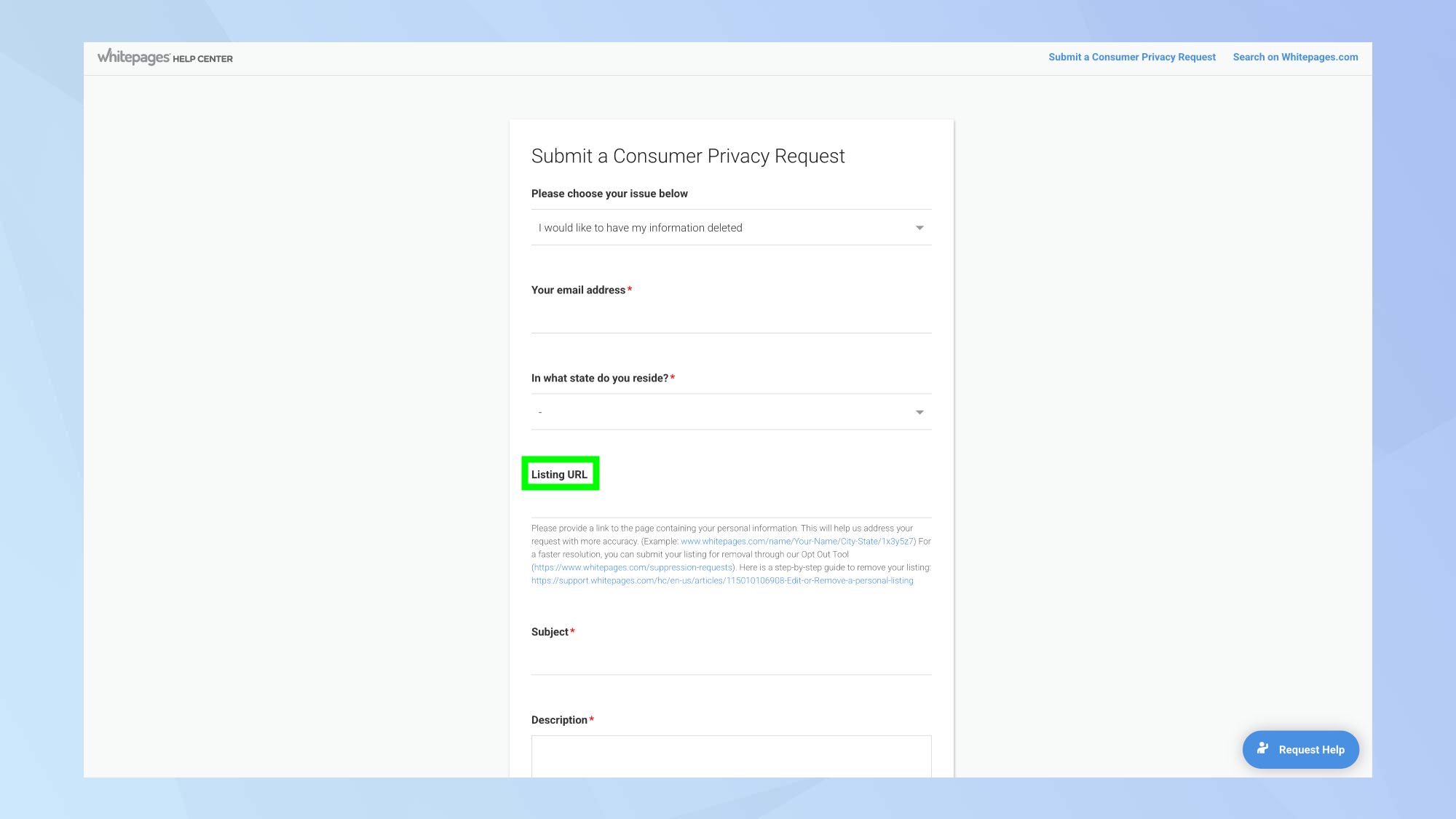 Whitepages removal request form