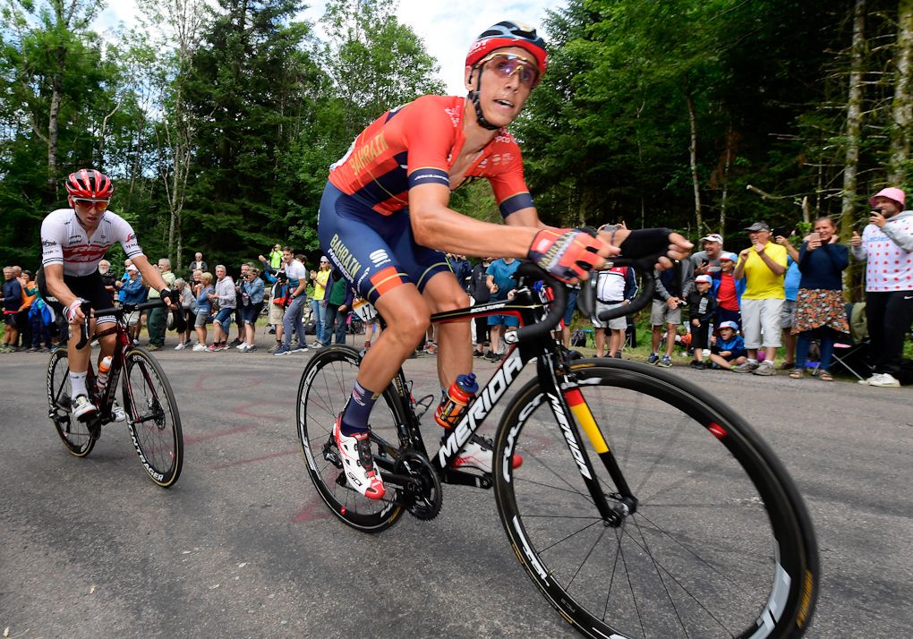 Dylan Teuns leads Giulio Ciccone toward the finish of stage 6 at the Tour de France