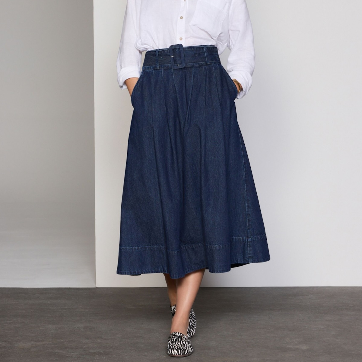 Next Cotton Belted Midi Denim Pleated Skirt