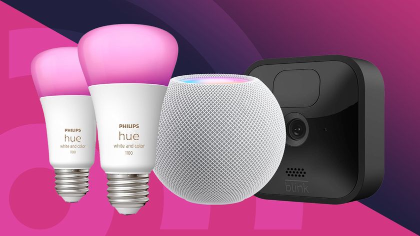 Philips Hue lightbulbs, Apple HomePod mini speaker, and Blink security camera on purple background