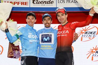 Vuelta Asturias 2022 - 65th Edition - 3nd stage Candas - Cangas del Narcea - Oviedo 120 km - 1/05/2022 - Ivan Ramiro Sosa (COL - Movistar Team) Lorenzo Fortunato (ITA - EOLO - Kometa) Nicolas Edet (FRA - Team Arkea Samsic) - photo Rafa Gomez/SprintCyclingAgencyÂ©2022