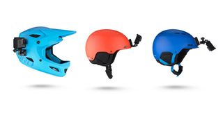 GoPro Helmet Front + Side Mount shown on three different styles of helmet all on a white background