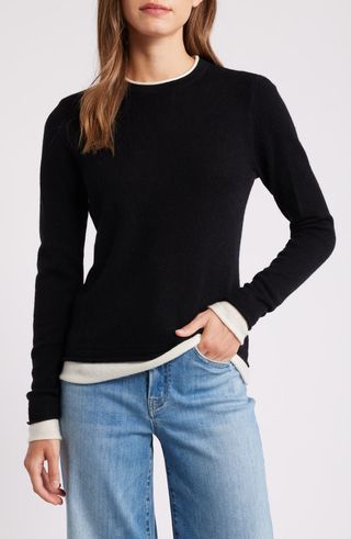 Contrast Trim Wool 
Cashmere Crewneck Sweater