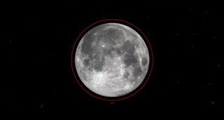 a large full moon is circled in red in a black starry sky.