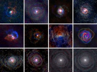 A selection of stellar wind images show the disk, cone and spiral structures winds can take. Material moving toward the camera is show in blue; material moving away is shown in red.