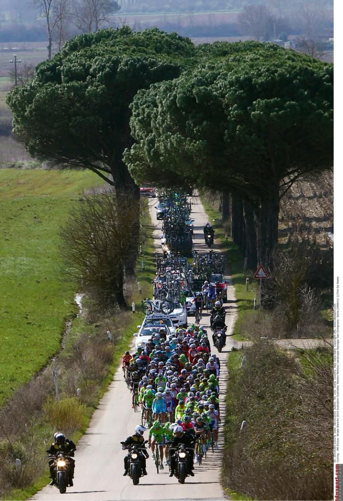 The peloton on one of the sections of bianche