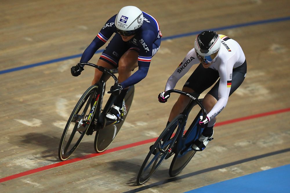 Mathilde Gros of France and Lea Friedrich of Germany compete in the Women's sprint Bronze Medal Final