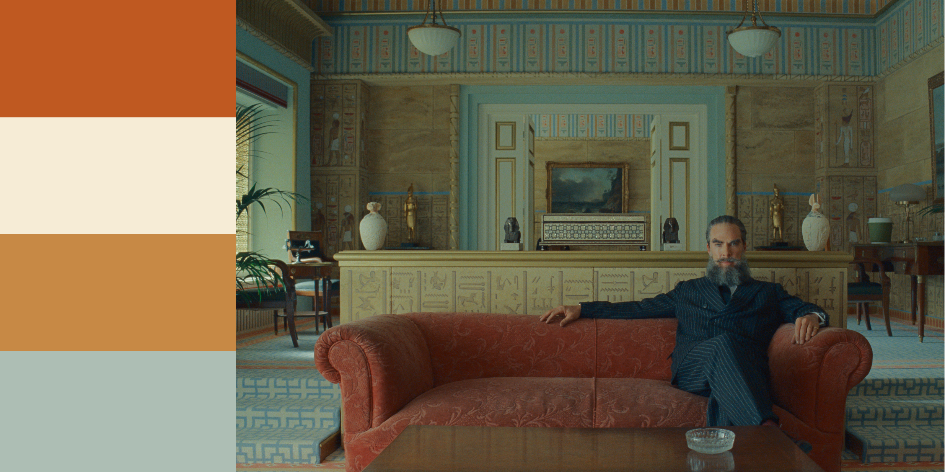 still from wes anderson The Phoenician Scheme with color swatches
