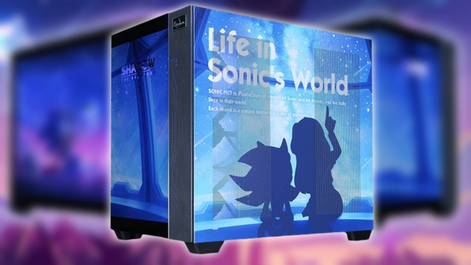 Image of the back of the Sonic Pict Shadow gaming PC by SEGA and Astromeda, on a blurred marketing image.