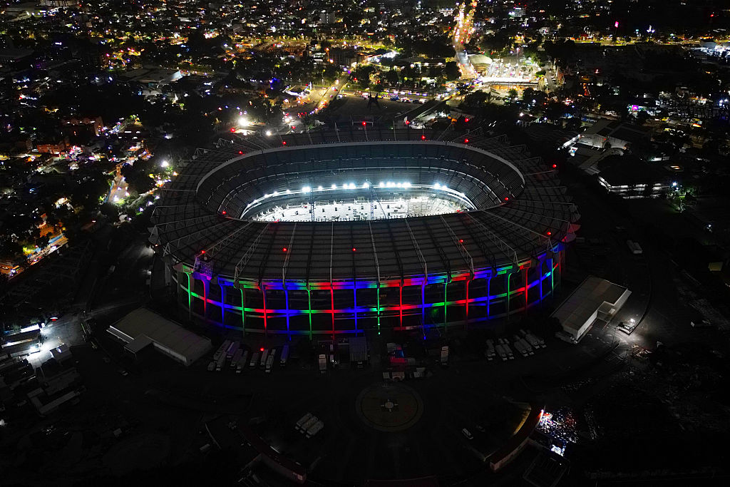 MEXICO CITY, MEXICO - OCTOBER 03: An aerial view of the Azteca Stadium during the launch of 'Trionda' the FIFA World Cup 2026 official match ball, in Mexico City, Mexico on October 03, 2025. (Photo by Daniel Cardenas/Anadolu via Getty Images)