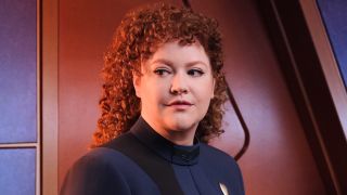 Mary Wiseman posing in a starfleet uniform as Tilly in Star Trek: Discovery