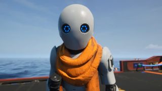A robot wearing an orange scarf stares out of the screen with wide blue and black eyes.