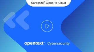 The Carbonite logo on a wavy blue and green background with a play button in the middle and text that reads: "Carbonite Cloud-to-Cloud - OpenText | Cybersecurity"