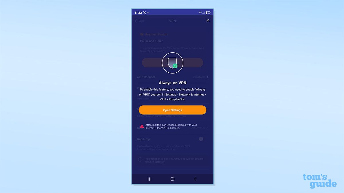 PrivadoVPN's always-on feature on its free Android app