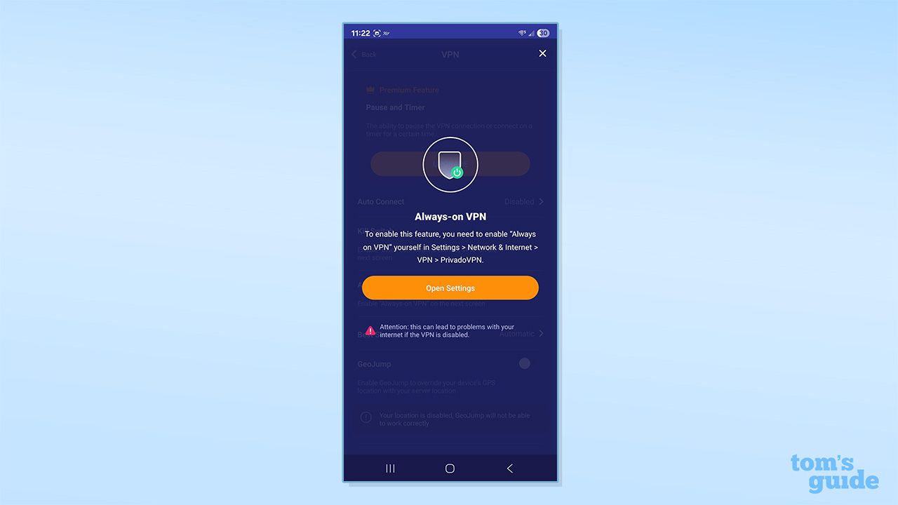 PrivadoVPN's always-on feature on its free Android app