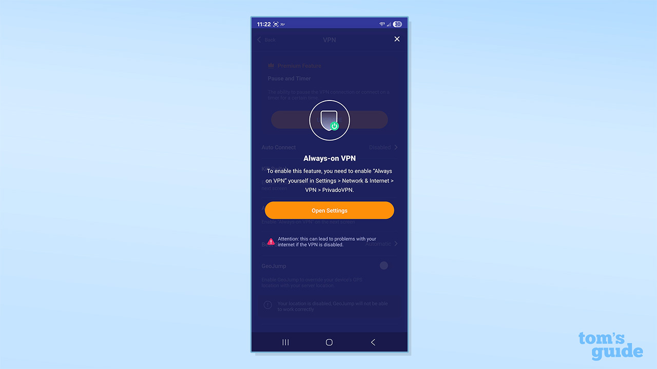 PrivadoVPN's always-on feature on its free Android app