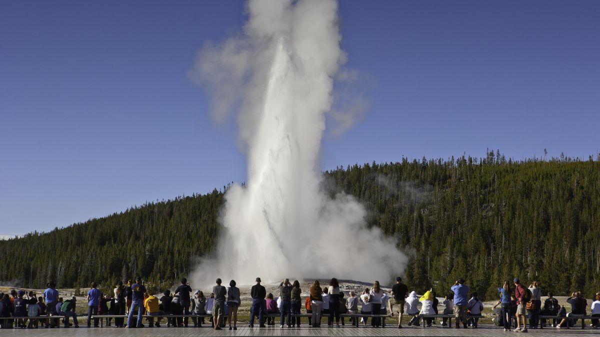 Visitors watching eruption of Old Faithful at Yellowstone National Park