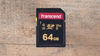 Transcend UHS II SD card, one of the best SD cards, on a wooden surface