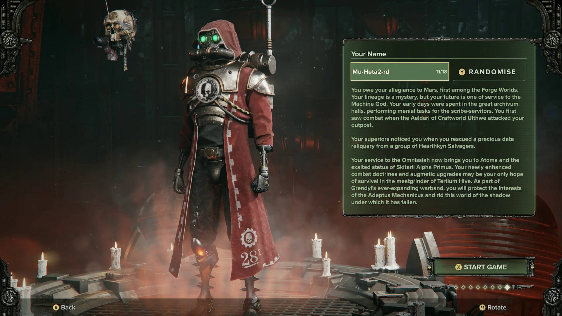 Darktide Skitarius with randomised name at the end of character creation