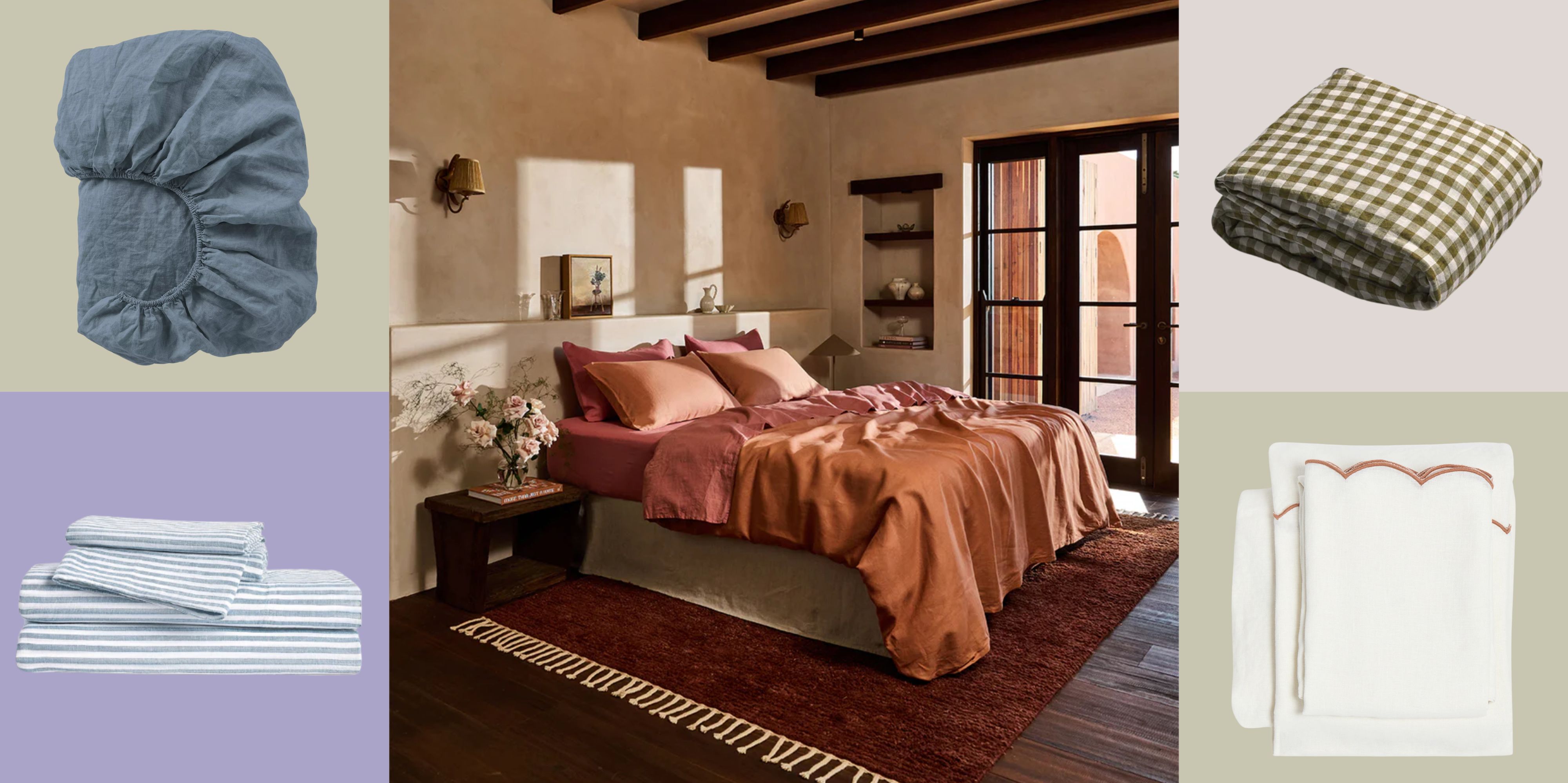Best linen sheets — some solid, some patterned — pictured against a colorful checkered background. Central, there is an image of a terrocata bescape by Bed Threads, set in a sunny bedroom with exposed beams. 