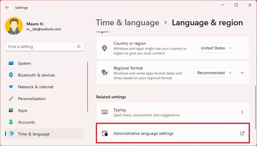 Open Administrative Language Settings