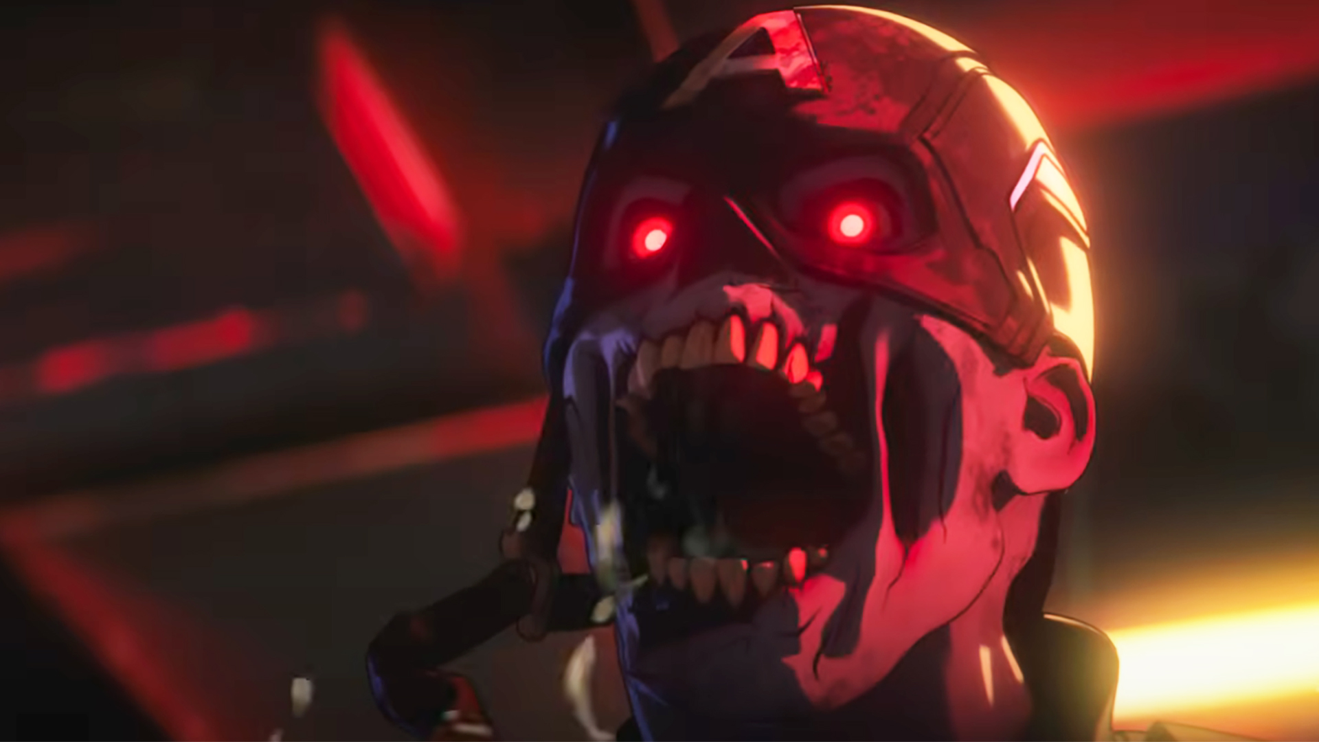 Zombie Captain America&#039;s eyes glowing red as he howls with undead hunger