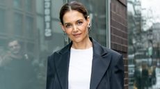 Katie Holmes is seen arriving to the Christian Siriano Fall/Winter 2025 fashion show at Chelsea Industrial on February 06, 2025