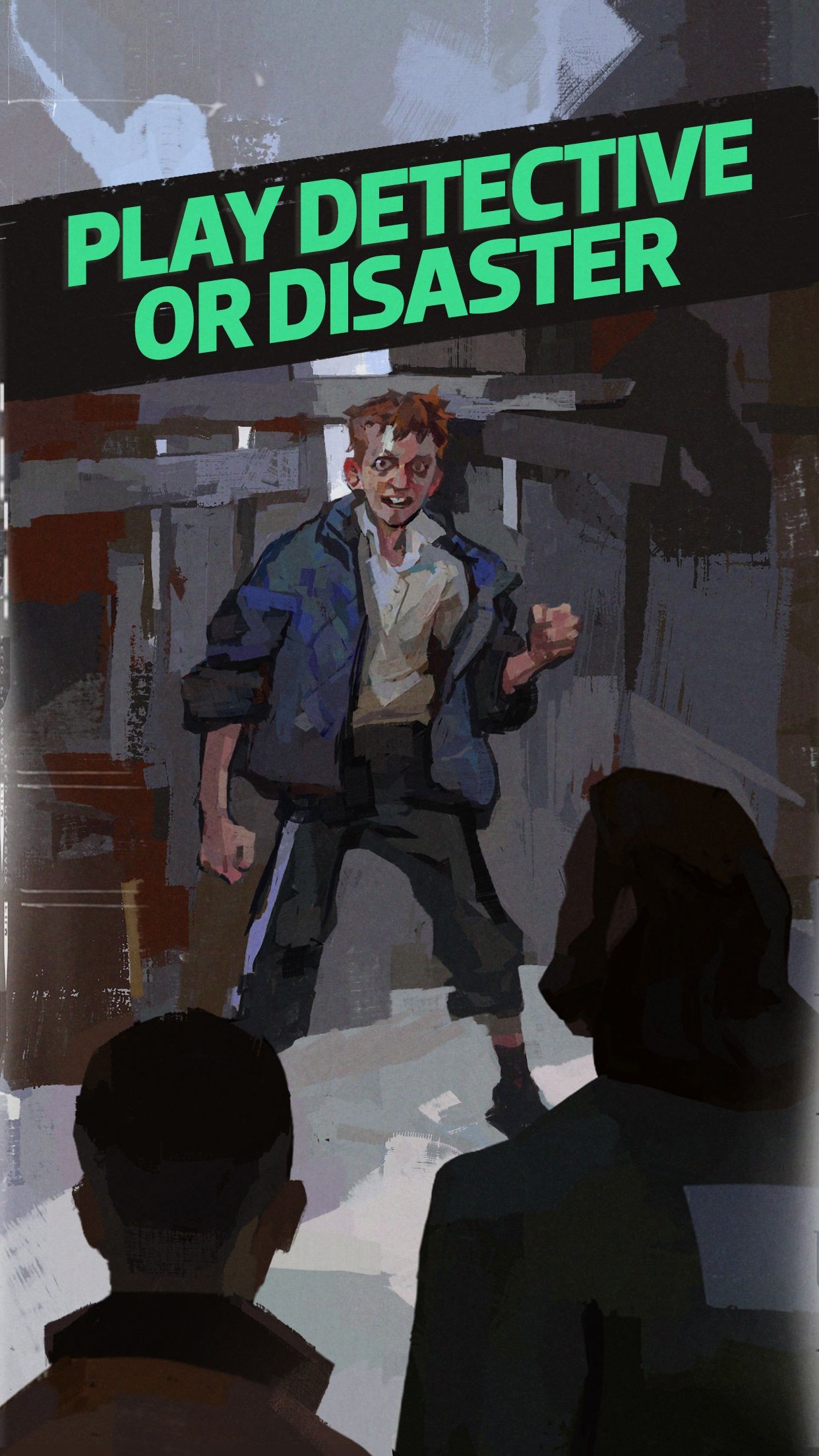 "Play detective or disaster" over artwork of Harry and Kim confronting redheaded child Cuno