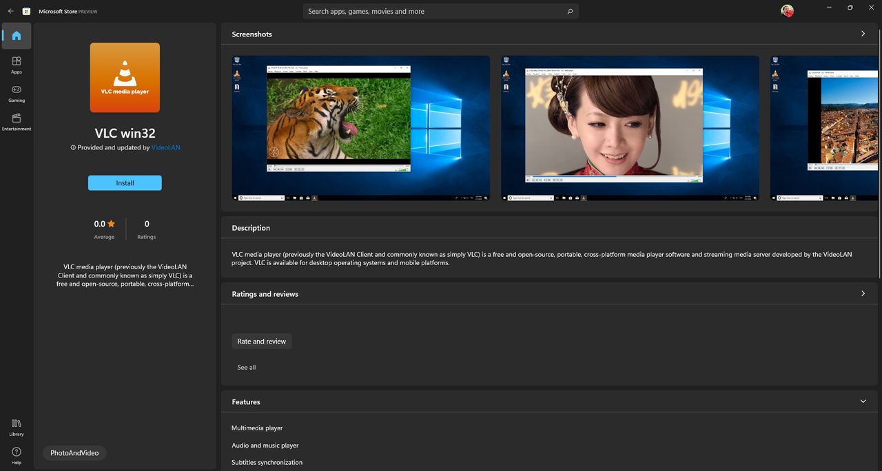 VLC Win32 Microsoft Store Listing