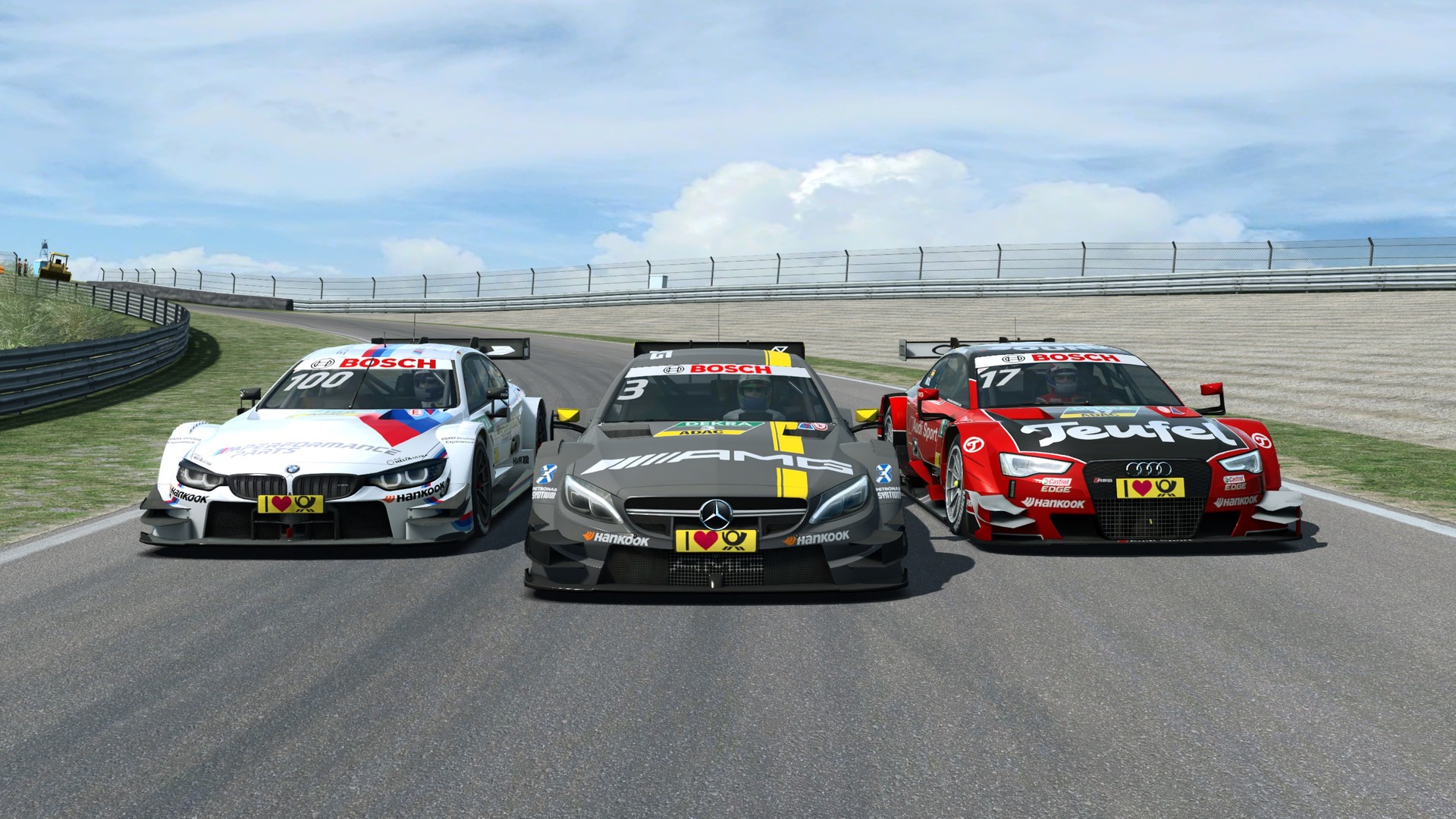 Best racing games - three cars astride race on a track towards the camera