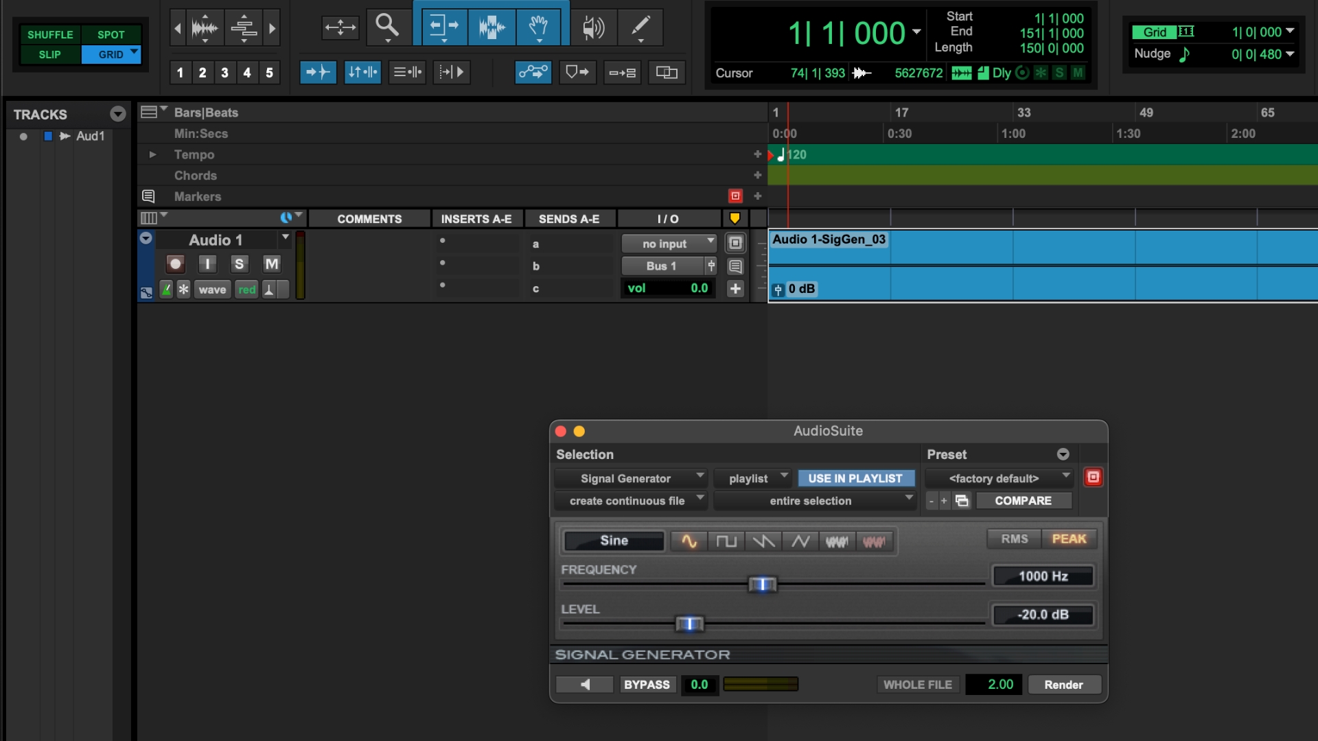 A screenshot of the signal generator in Pro Tools