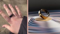 Ciara McGinley's hand wearing Oura ring with Oura ring standing in brand shot