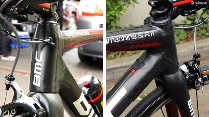 It's a good move to position the electronic derailleur wire right next to the brake housing port. The unused mechanical housing stops are capped with a tidy plug