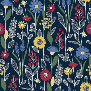 A blue wallpaper with colorful illustrated flowers with white and green stems