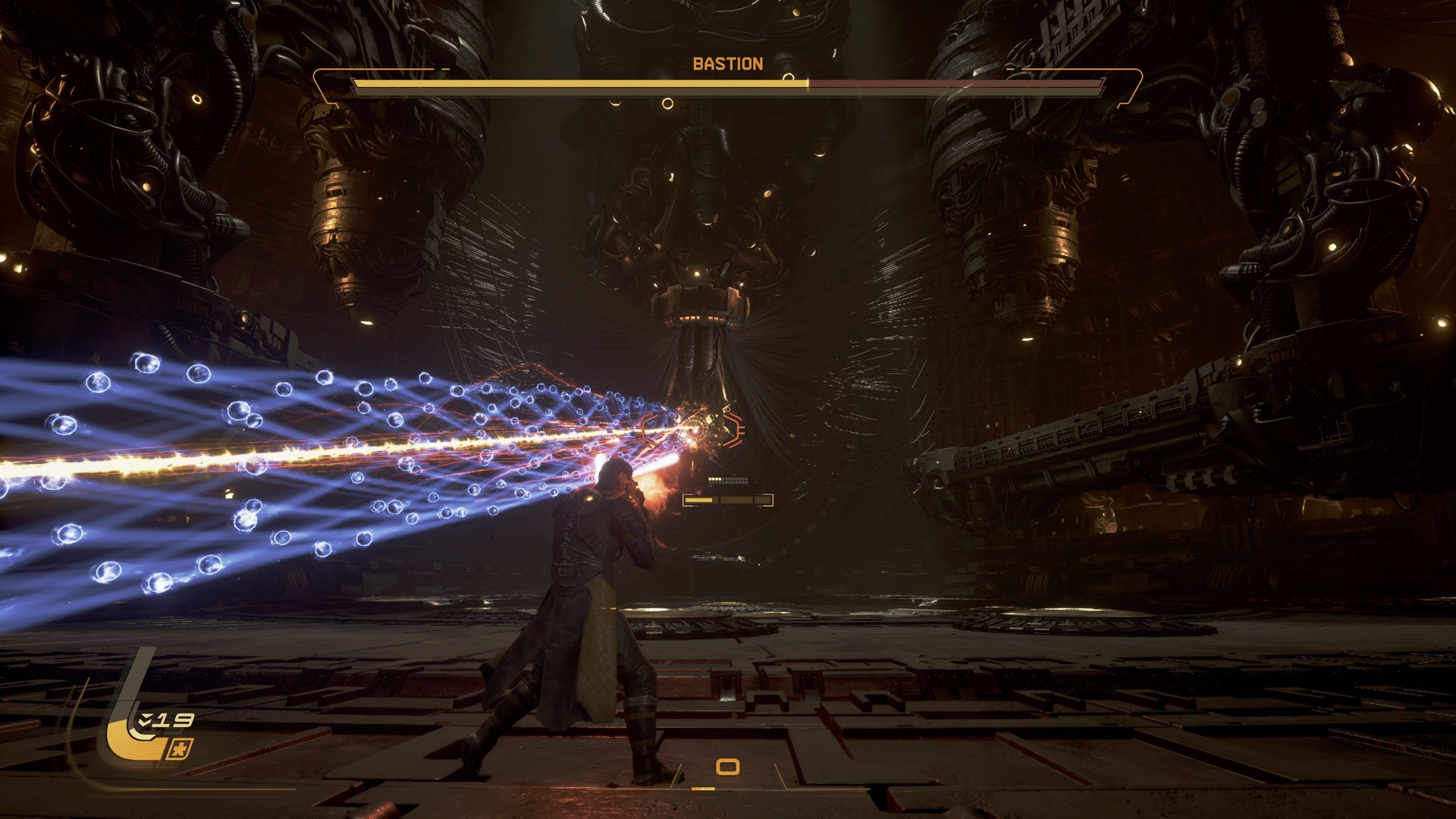 Arjun side-steps a huge laser from Bastion in a Saros boss fight