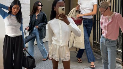 fashion collage of five style influencers including Monikh Dale, Johanna Piispa, Sylvie Mus, Salome Mory, and Lindsey Holland wearing spring 2026 trends like raglan T-shirts, bootcut jeans, lace-trim shorts, flip-flop sandals, and pink pieces