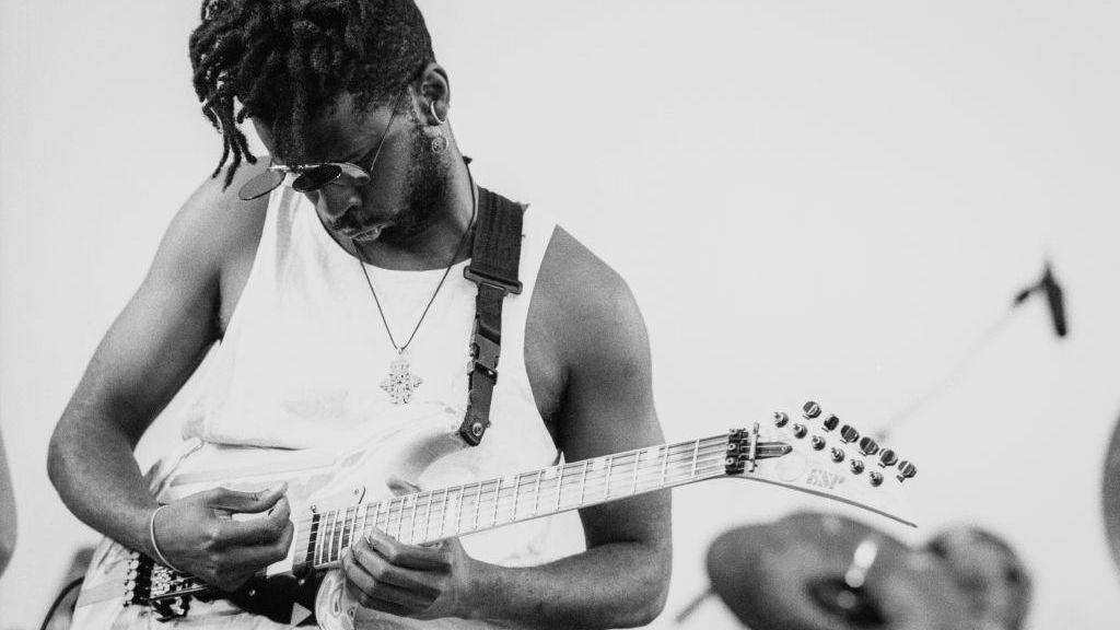 Living Colour guitarist Vernon Reid perform Parkpop festival, The Hague, Netherlands, 25 June 1989.