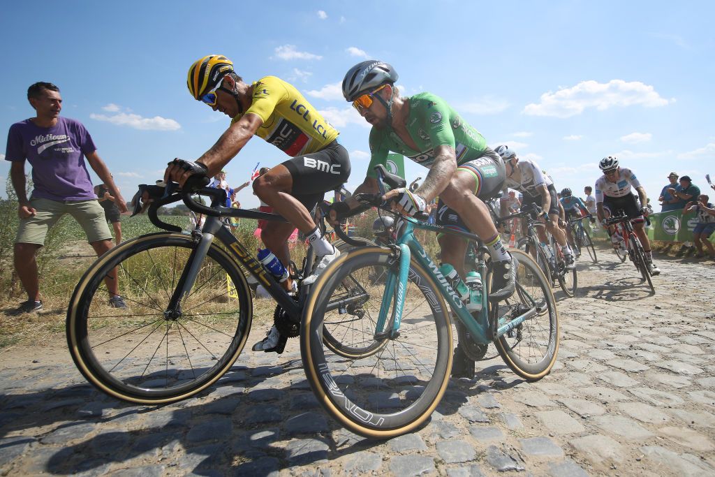 Greg Van Avermaet and Peter Sagan on the pav&eacute;