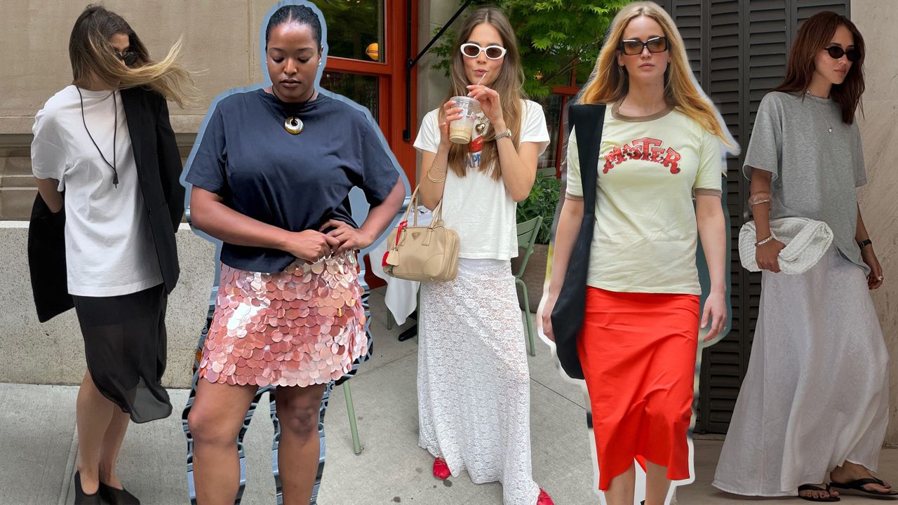 a collage of women in NYC and Paris wearing the same T-shirt over skirt outfit combination