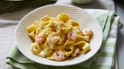 Riesling prawn pasta with garlic and lemon breadcrumbs