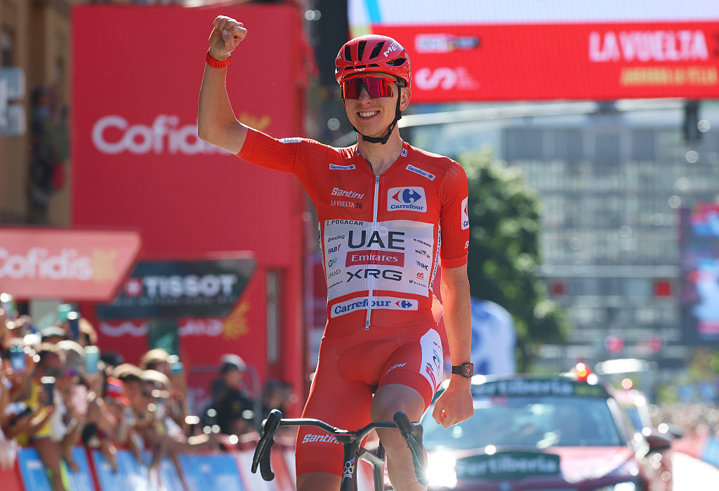ANDORRA LA VELLA, ANDORRA - AUGUST 25: Tadej Pogacar of Slovenia and UAE Team Emirates XRG - Red Leader Jersey celebrates at finish line as stage winner during the La Vuelta - 81st Tour of Spain 2026, Stage 4 a 104.8km from Andorra la Vella to Andorra la Vella / #UCIWT / on August 25, 2026 in Andorra la Vella, Andorra. (Photo by Alexander Hassenstein/Getty Images)