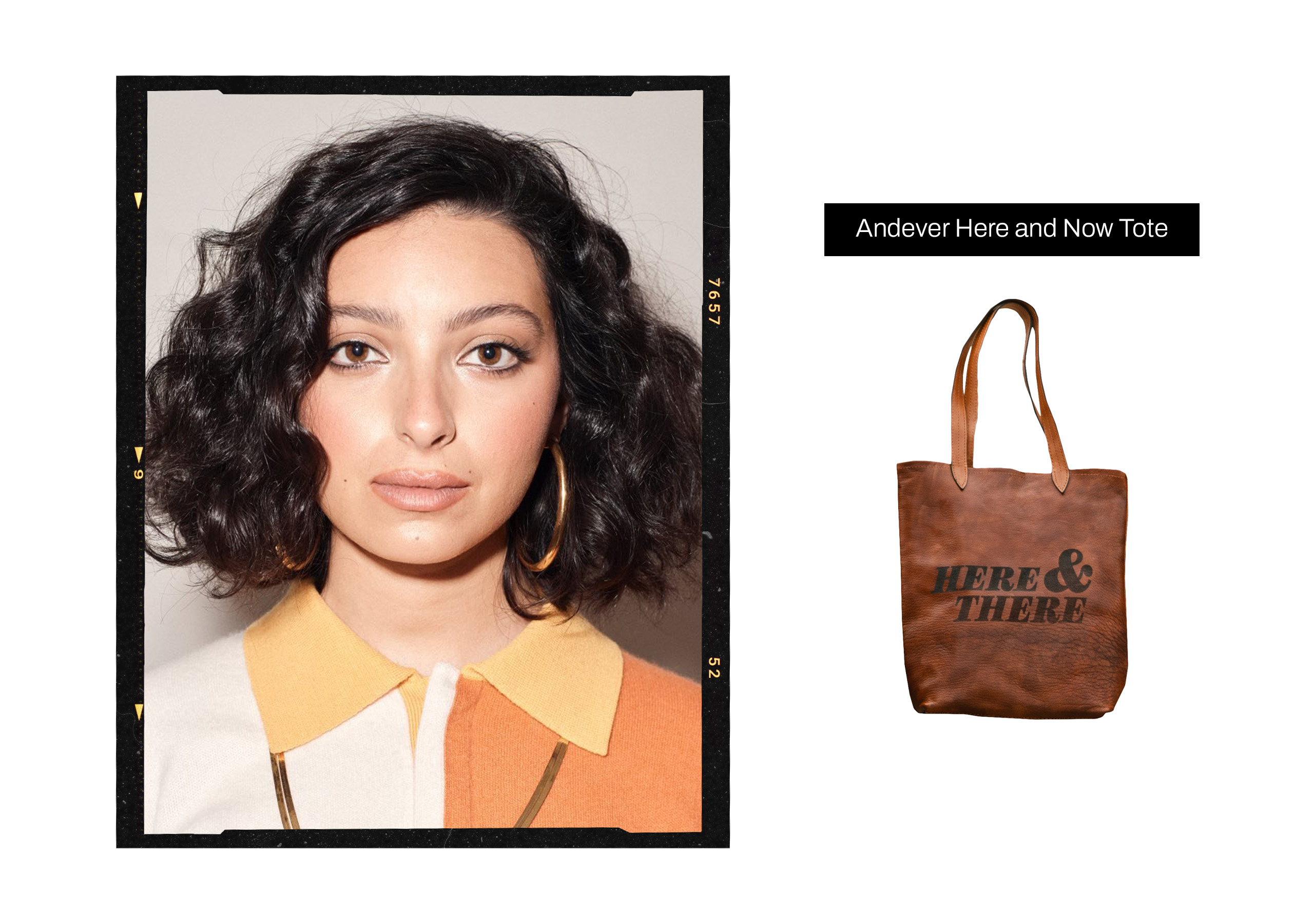 headshot of Noor Tagouri in a black film frame next to a product image of a work bag